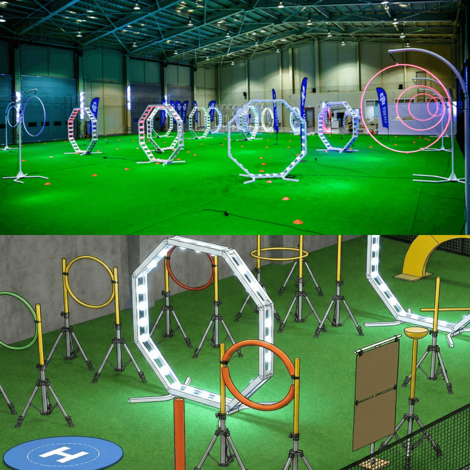 Indoor drone training arena with obstacle courses