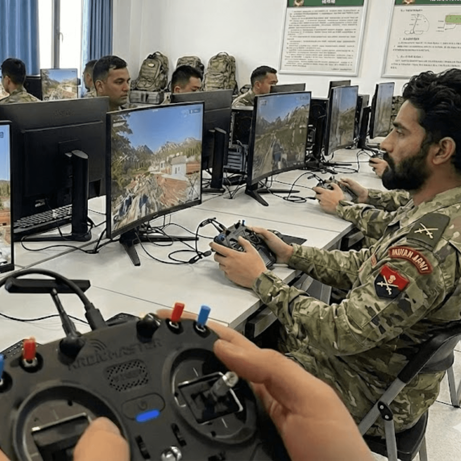 Military personnel using drone simulation training